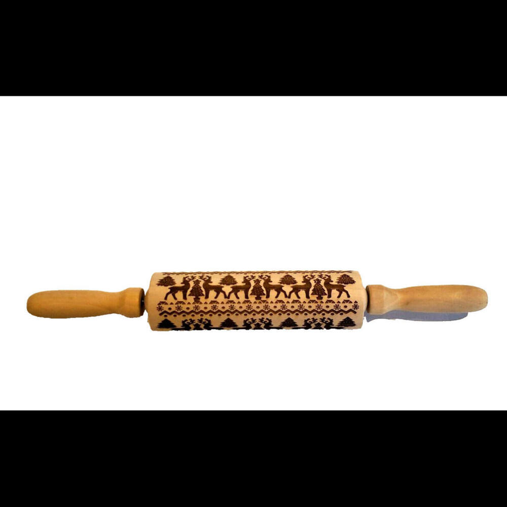Christmas Rolling Pin Baking Cookies Cake Wooden Embossing Elk Snowflakes Roller